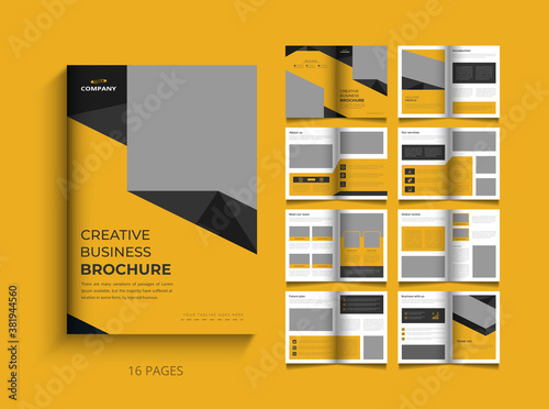 Sixteen Pages company profile brochure . Brochure creative design. Multipurpose template with cover, back and . Trendy minimalist flat geometric design.