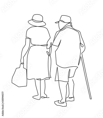 Continuous one line drawing of grandparents go hand in hand view from the back. Happy elderly couple walking with bag and stick. Vector illustration.