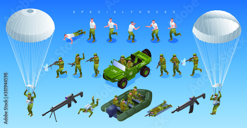 Special Forces of Modern Army off road vehicle military boat Soldiers Paratroopers Set isometric icons on isolated background