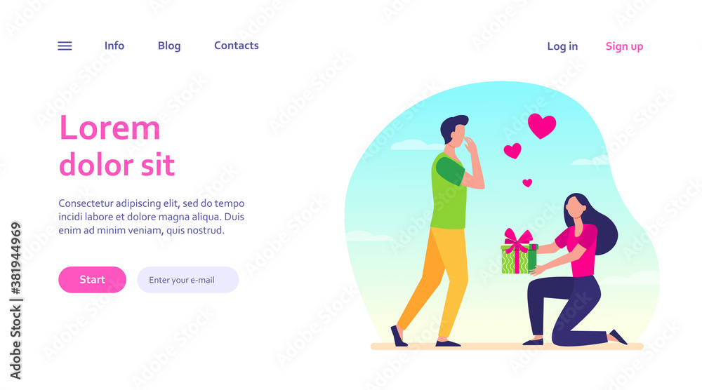 Woman giving gift to her boyfriend. Girl with present box getting down on one knee flat vector illustration. Love, special date concept for banner, website design or landing web page