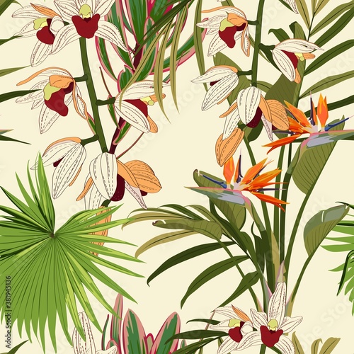 Wallpaper Mural Seamless Floral Tropical Print with Exotic Orchid and Strelitzia Flowers, Nature Ornament for Textile or Wrapping Paper. Jungle Leaves colorful Background, Rainforest Plants. Torontodigital.ca