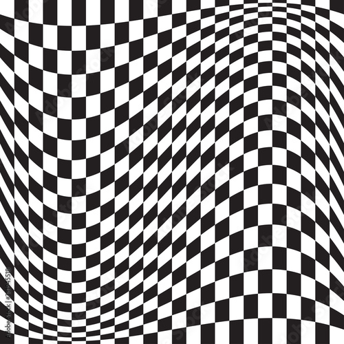 Wavy, waving version Checkered, chequered, chessboard surface with distortion, deformation effect. Distort, deform squares background, pattern.