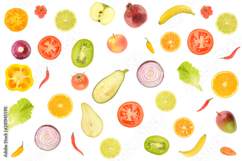 Fototapeta Naklejka Na Ścianę i Meble -  Delicious pattern of whole and cut vegetables and fruits isolated on white