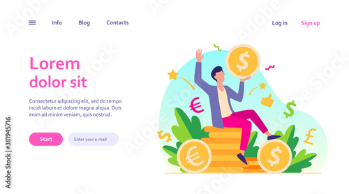 Happy businessman earning money flat vector illustration. Cartoon millionaire or banker holding huge coin. Finance growth and market concept