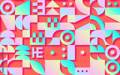 Geometric retro seamless pattern with 30s styled shapes and vibrant psychedelic colors
