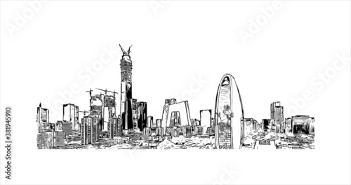 Building view with landmark of Beijing alternatively romanized as Peking is the capital of the Republic of China. Hand drawn sketch illustration in vector.