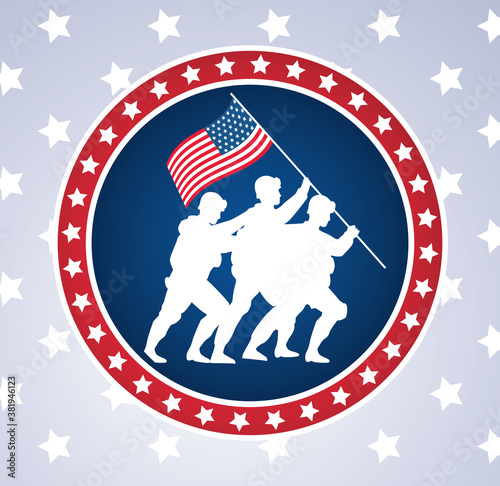 happy veterans day celebration with soldiers lifting usa flag in pole circular frame