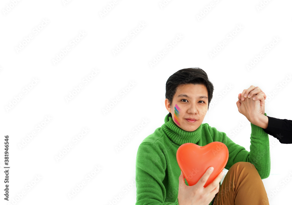 Handsome Asian tomboy LGBT abstract relationship love support holding hand with heart balloon Handsome Asian tomboy LGBT abstract relationship love support holding hand with heart balloon