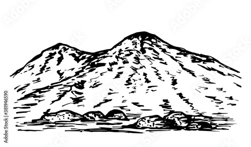 Hand drawn vector drawing in engraving style. Mountain landscape, hilly, rocky terrain, nature of mountainous countries. Geology, travel, tourism, camping.