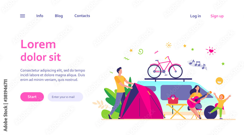 Happy group of tourists camping on nature isolated flat vector illustration. Cartoon friends with kids sitting near bonfire and trailer. Tourism, summer vacation and activity concept Happy group of tourists camping on nature isolated flat vector illustration. Cartoon friends with kids sitting near bonfire and trailer. Tourism, summer vacation and activity concept