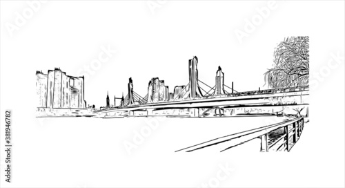 Building view with landmark of Beijing alternatively romanized as Peking is the capital of the Republic of China. Hand drawn sketch illustration in vector.