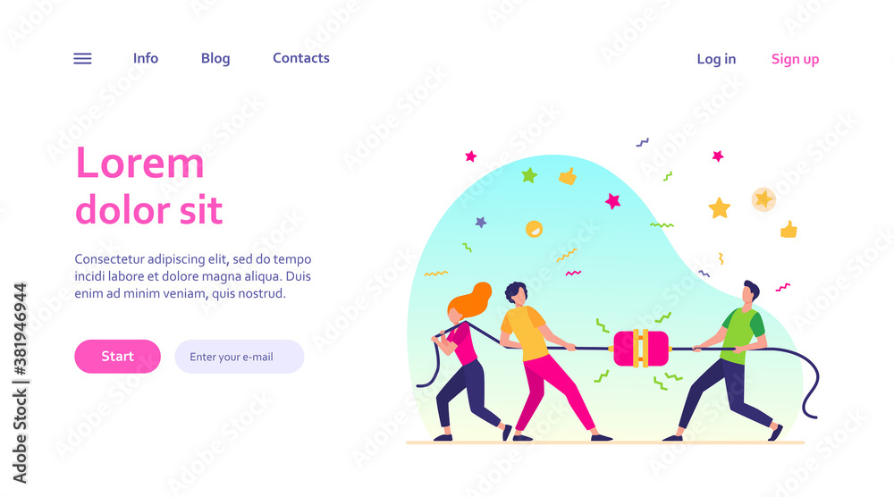 Groups of people pulling rope in tug of war play. Struggling team competing with each other. Vector illustration for game, contest, competition, confrontation concept