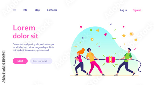 Groups of people pulling rope in tug of war play. Struggling team competing with each other. Vector illustration for game, contest, competition, confrontation concept