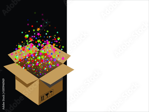 Open mail cardboard box with gift of bright flying stars confetti out of it. Festive Background with place for text. Vector Illustration for a greeting card.