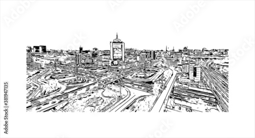 Building view with landmark of Beijing alternatively romanized as Peking is the capital of the Republic of China. Hand drawn sketch illustration in vector.