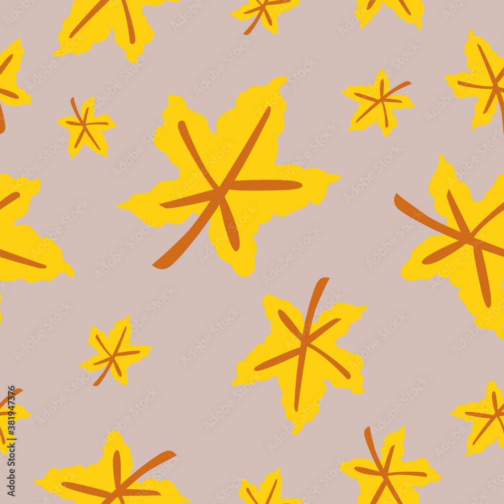 Seamless pattern with yellow maple leaves. Brown stem. Gray background. Autumn or summer. Nature or ecology. Doodle cartoon style. For postcards, wrapping paper textile, wallpaper and scrapbooking Seamless pattern with yellow maple leaves. Brown stem. Gray background. Autumn or summer. Nature or ecology. Doodle cartoon style. For postcards, wrapping paper textile, wallpaper and scrapbooking