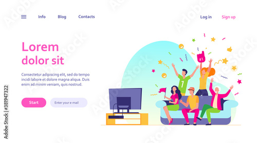 Football fans watching match on TV. Friends sitting on couch and celebrating soccer team winning or goal. Vector illustration for championship, leisure at home, sport game supporter concept