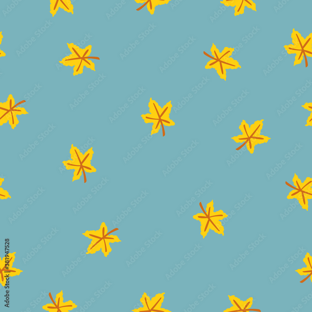 Seamless pattern with yellow maple leaves. Brown stem. Blue gray background. Autumn or summer. Nature or ecology. Doodle cartoon style. Postcards, wrapping paper textile, wallpaper and scrapbooking Seamless pattern with yellow maple leaves. Brown stem. Blue gray background. Autumn or summer. Nature or ecology. Doodle cartoon style. Postcards, wrapping paper textile, wallpaper and scrapbooking