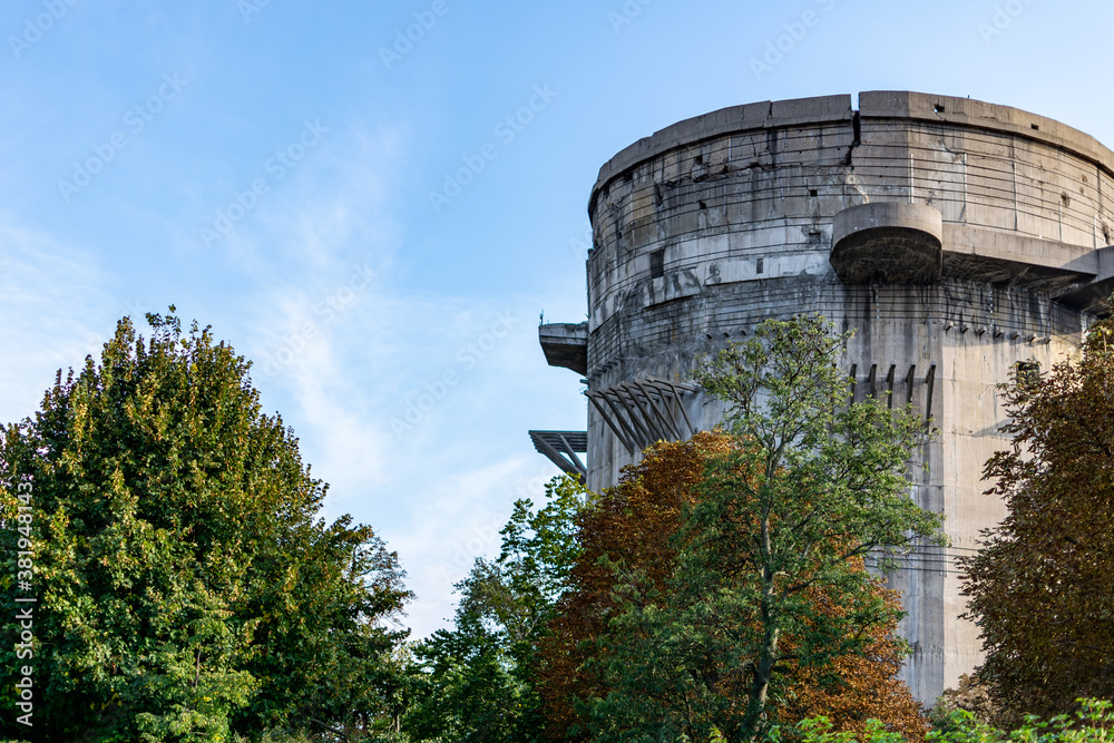 Old third Reich Air Defence Tower (Flakturm) in the Augarten park in Vienna, Austria. Anti-aircraft tower of World War II