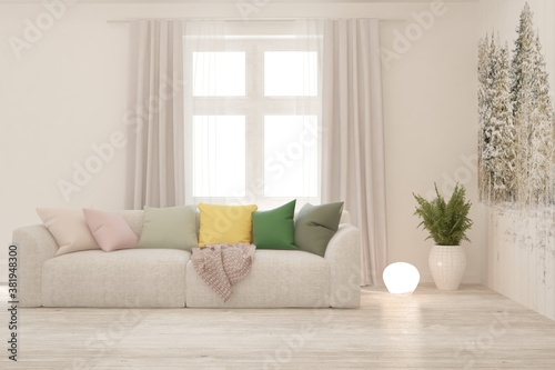 White living room with sofa. Scandinavian interior design. 3D illustration