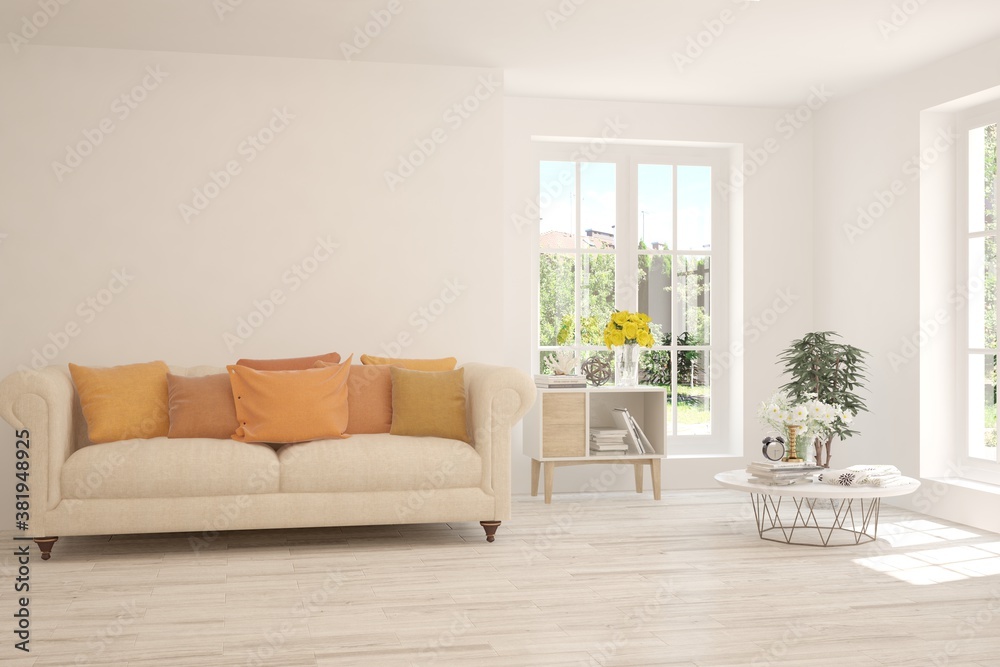 Naklejka premium White living room with sofa and summer landscape in window. Scandinavian interior design. 3D illustration