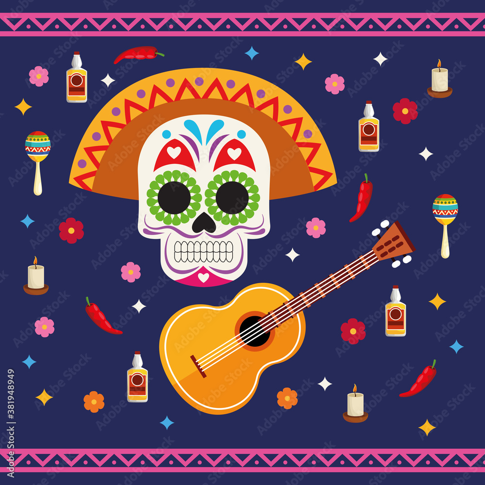 dia de los muertos celebration poster with skull head and guitar dia de los muertos celebration poster with skull head and guitar