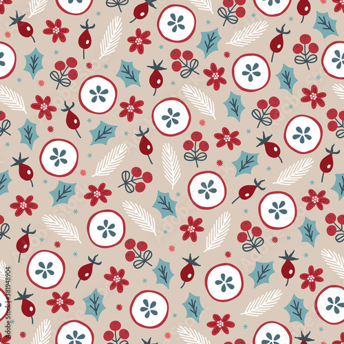 Christmas seamless pattern with apple slices, briar, berries, flowers, holly