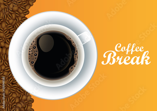 coffee break lettering poster with cup and seeds in yellow background