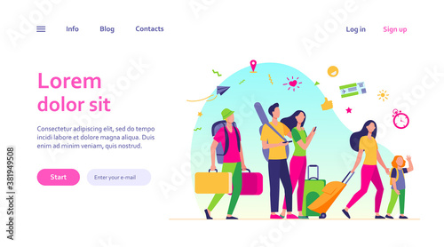 Group of tourists with suitcases and bags standing in airport. Families, elderly couples travelling with luggage. Vector illustration for trip, journey, travel, vacation concept