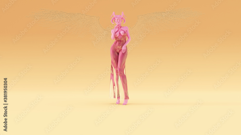 Obraz premium Pink an Gold Woman Wings Formed out of Small Spheres Warm Cream Background 3d Illustration 