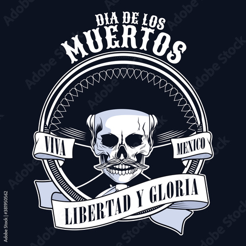 dia de los muertos poster with mariachi skull in ribbon frame