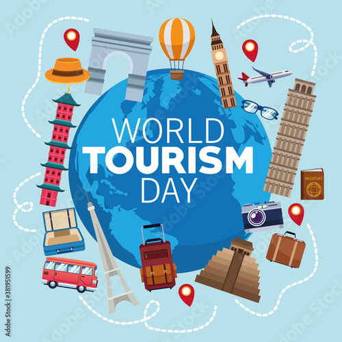 world tourism day lettering celebration with earth planet and set icons