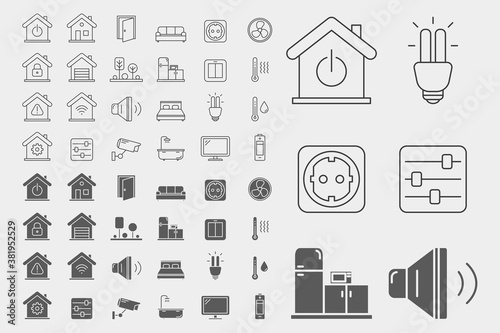 Smart House Icons set - Vector outline symbols and silhouettes of home security management technologies for the site or interface
