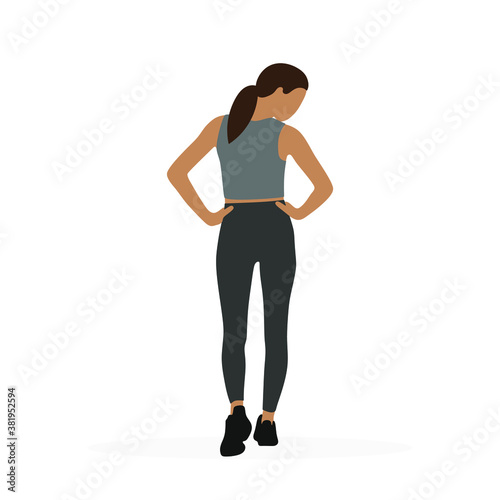 Female character in sportswear stands with her back on a white background