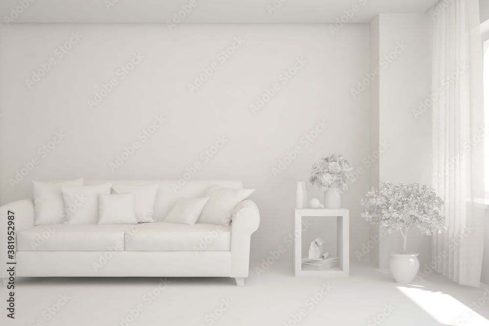 White minimalist living room with sofa. Scandinavian interior design. 3D illustration