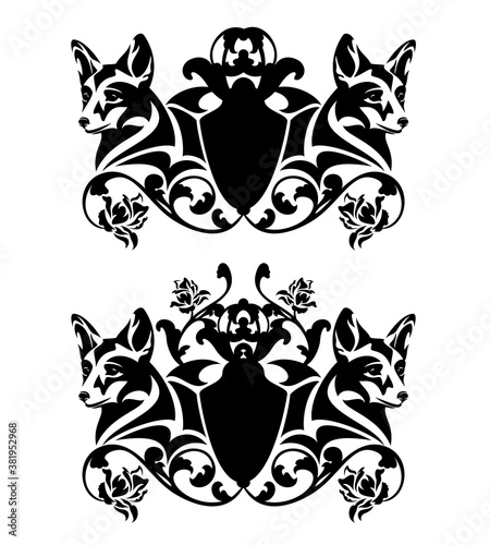 Φωτογραφία fox head and heraldic shield among rose flower decor - black and white vector vi