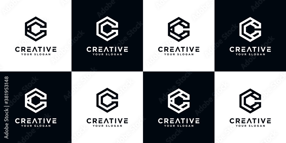 Set of creative abstract monogram letter c and etc logo design with hexagon style template