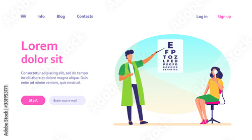 Woman examining eyes with help of ophthalmologist. Oculist, letter, hospital flat vector illustration. Medicine and healthcare concept for banner, website design or landing web page