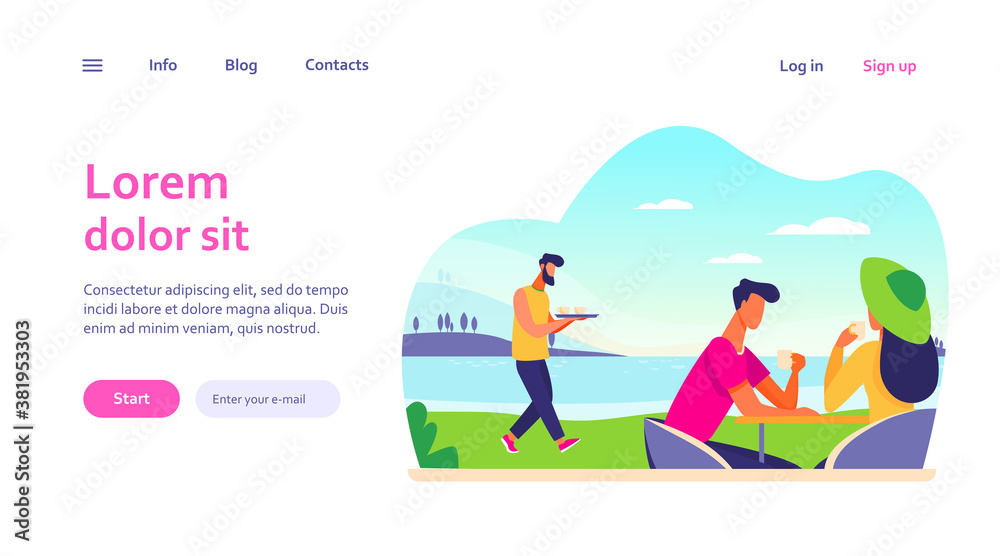 Young couple drinking coffee near lake. Date, sea, cafe, relaxing flat vector illustration. Weekend and nature concept for banner, website design or landing web page Young couple drinking coffee near lake. Date, sea, cafe, relaxing flat vector illustration. Weekend and nature concept for banner, website design or landing web page