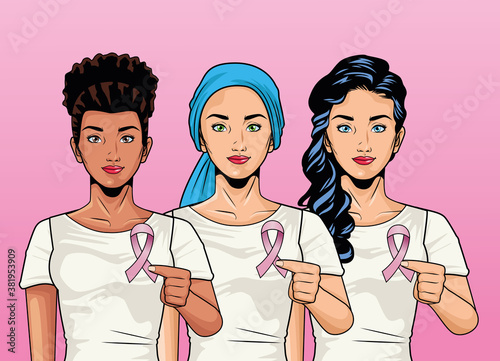 breast cancer awareness month with group of interracial girls lifting pink ribbon