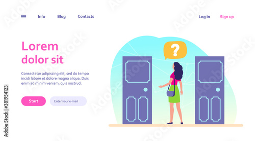 Two entrance choice. Woman with question mark choosing between two doors flat vector illustration. Solution, opportunities, dilemma concept for banner, website design or landing web page
