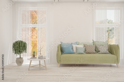 White living room with sofa. Scandinavian interior design. 3D illustration