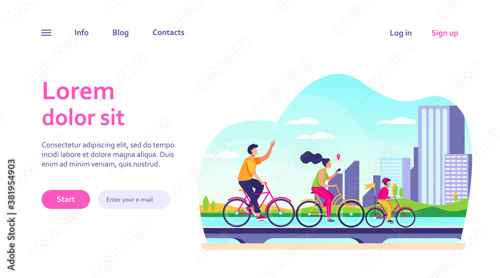 Happy young family riding on bikes at park flat vector illustration. Cycling along road near the water with city on background. Summer activity and healthy lifestyle concept.
