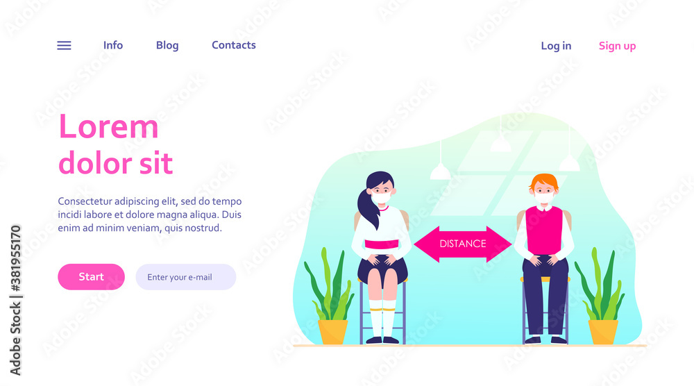 School students wearing masks. Teen children sitting at desk, keeping distance flat vector illustration. New rules, coronavirus concept for banner, website design or landing web page