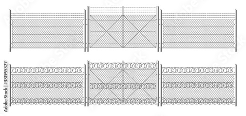 Barb wire fence, grid with gate. Three segments silver colored fencing, perimeter protection barrier separated with metal steel poles, rabitz isolated on white background. Realistic 3d vector