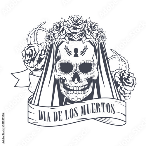 dia de los muertos celebration with woman skull in ribbon frame drawing