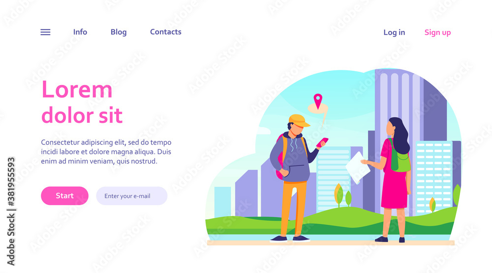 Tourist with paper map asking destination. Man explaining way to woman, using location app on cell flat vector illustration. Navigation, travel concept for banner, website design or landing web page Tourist with paper map asking destination. Man explaining way to woman, using location app on cell flat vector illustration. Navigation, travel concept for banner, website design or landing web page