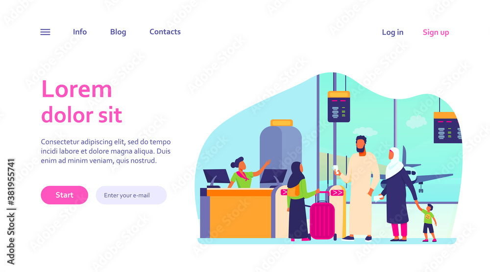 Muslim family standing at check in desk in airport. Couple with children waiting boarding flat vector illustration. International tourism concept for banner, website design or landing web page Muslim family standing at check in desk in airport. Couple with children waiting boarding flat vector illustration. International tourism concept for banner, website design or landing web page