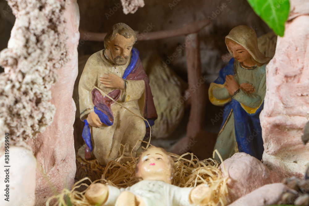 Nativity scene with provencal Christmas crib figures in terracotta