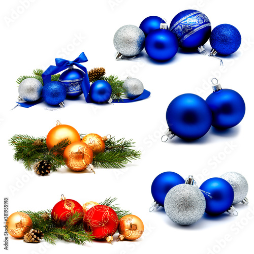 Collection of photos christmas decoration gold red blue silver balls with fir cones and fir tree branches isolated